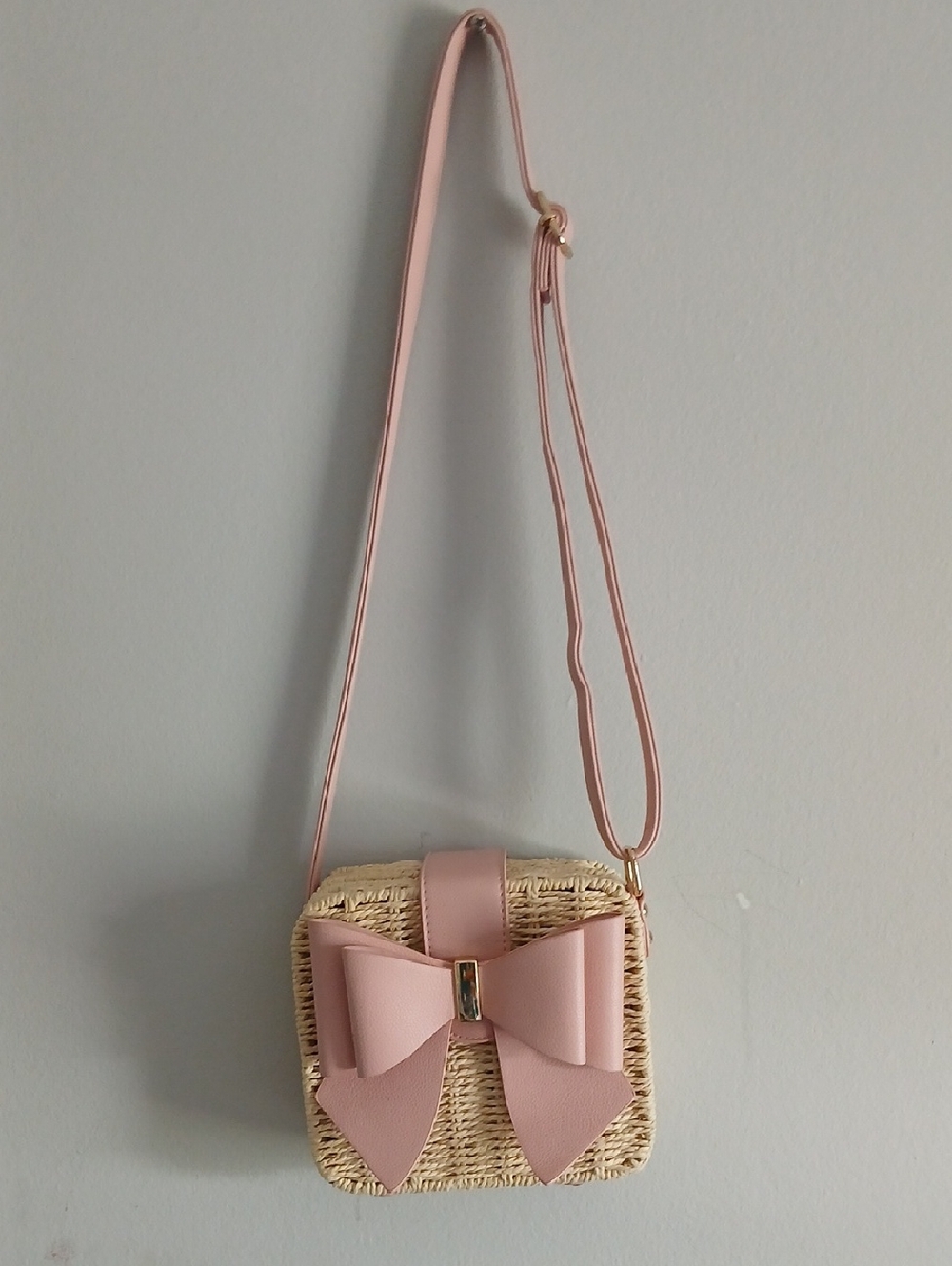 Pink Bow Straw Crossbody Bag